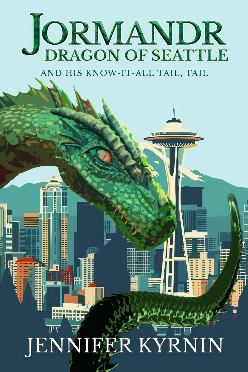 Cover of Jormandr, Dragon of Seattle—a green dragon and his tail curled around the Seattle skyline and Space Needle